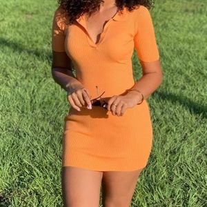 Fashionova orange, soft ribbed, collared mini dress🧡